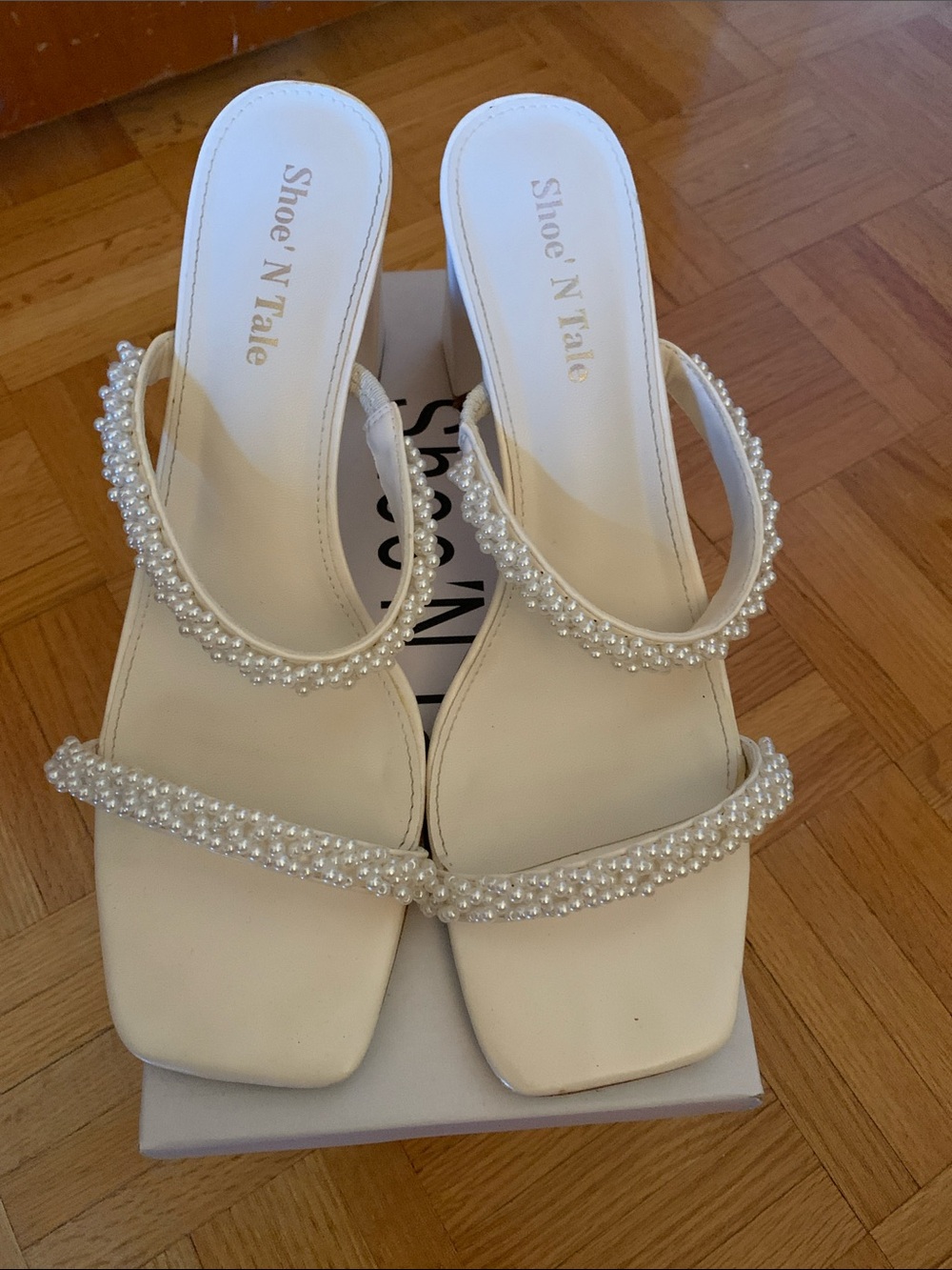 ShoeNTale Ivory Pearl-Trimmed Double-Strap Heels